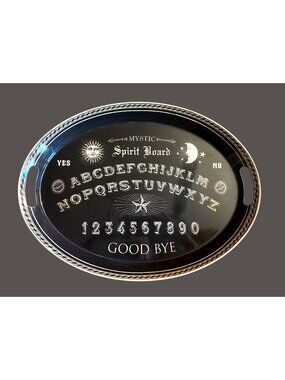 Oval Metal Spirit Ouija Board Tray featuring a black and gold gothic design